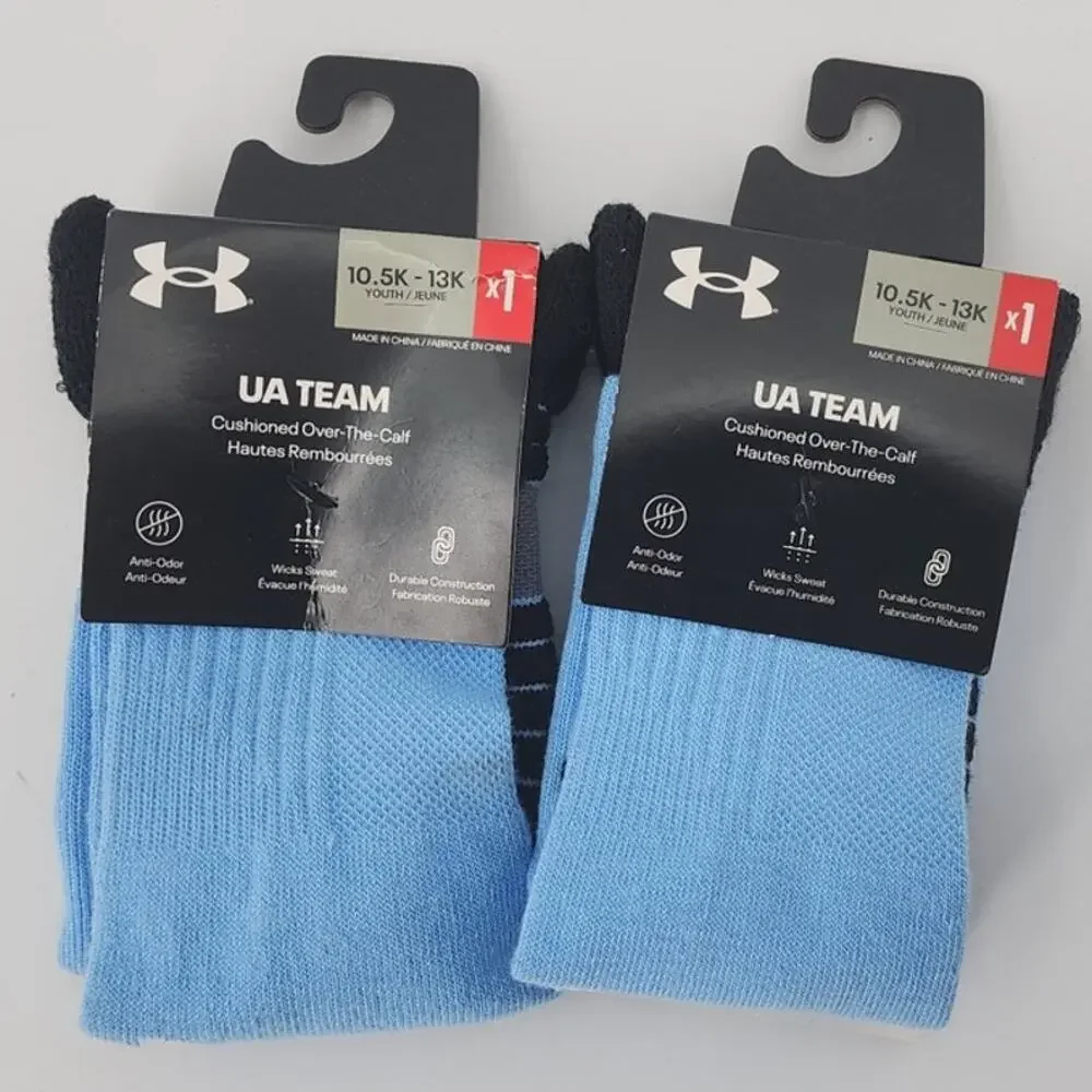 New NWT UA Under Armout Teams Cushioned Over the Calf Socks Blue Black 10.5K-13K